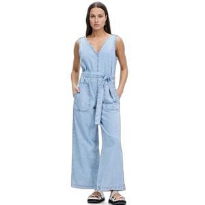 MNG Mango Dalia One Piece Jumpsuit Romper Light Wash Denim Size Large New